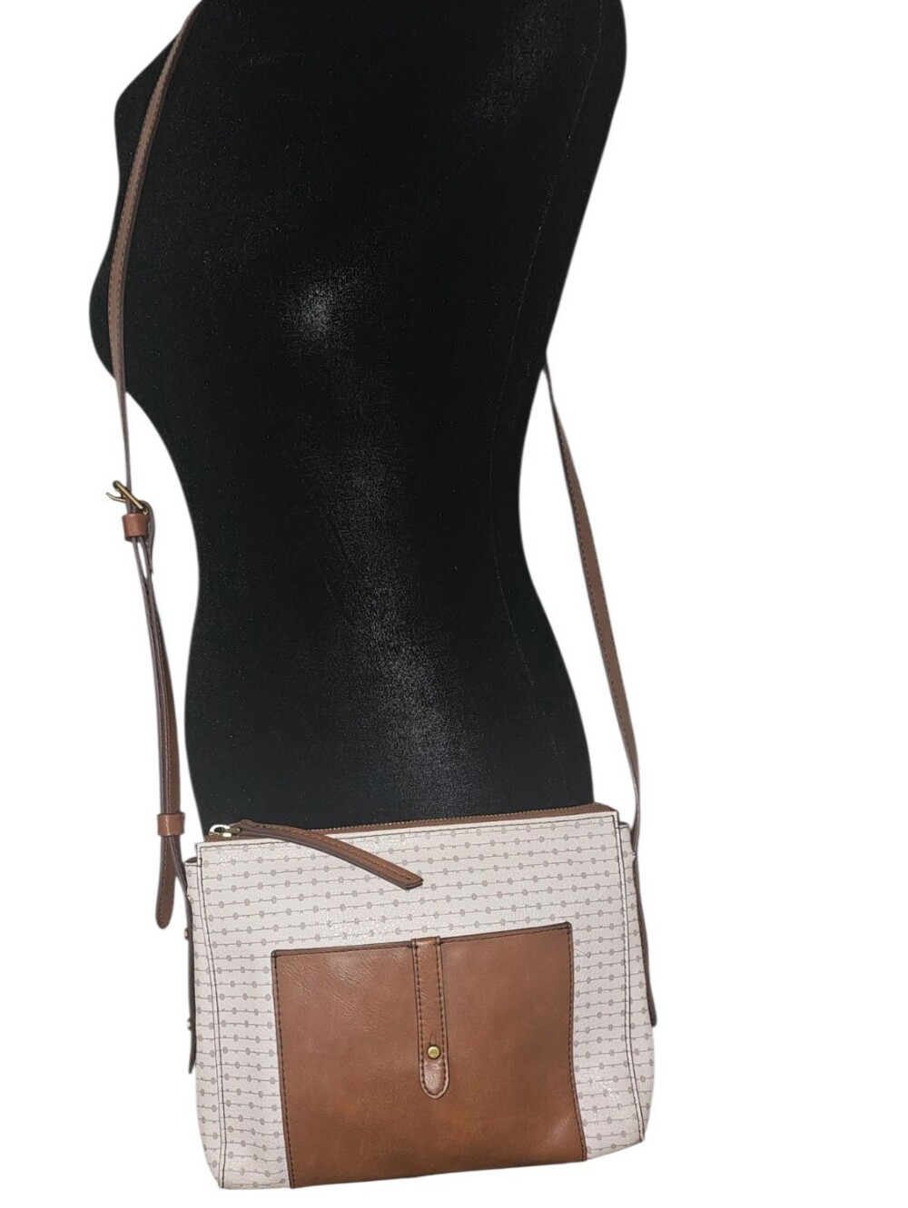 Fossil Signature Print Crossbody Bag Brown Leather Trim Medium